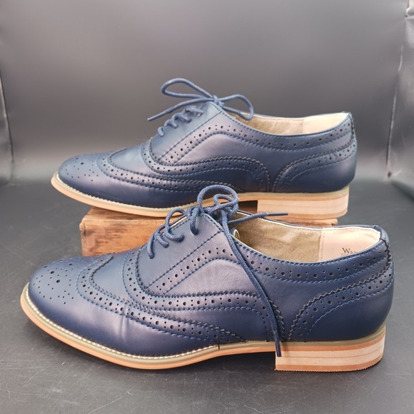 Wanted Babe Oxford Navy Shoe Blue  Womens 8.5 Balmoral Vegan Leather GrannyCore - Picture 6 of 14